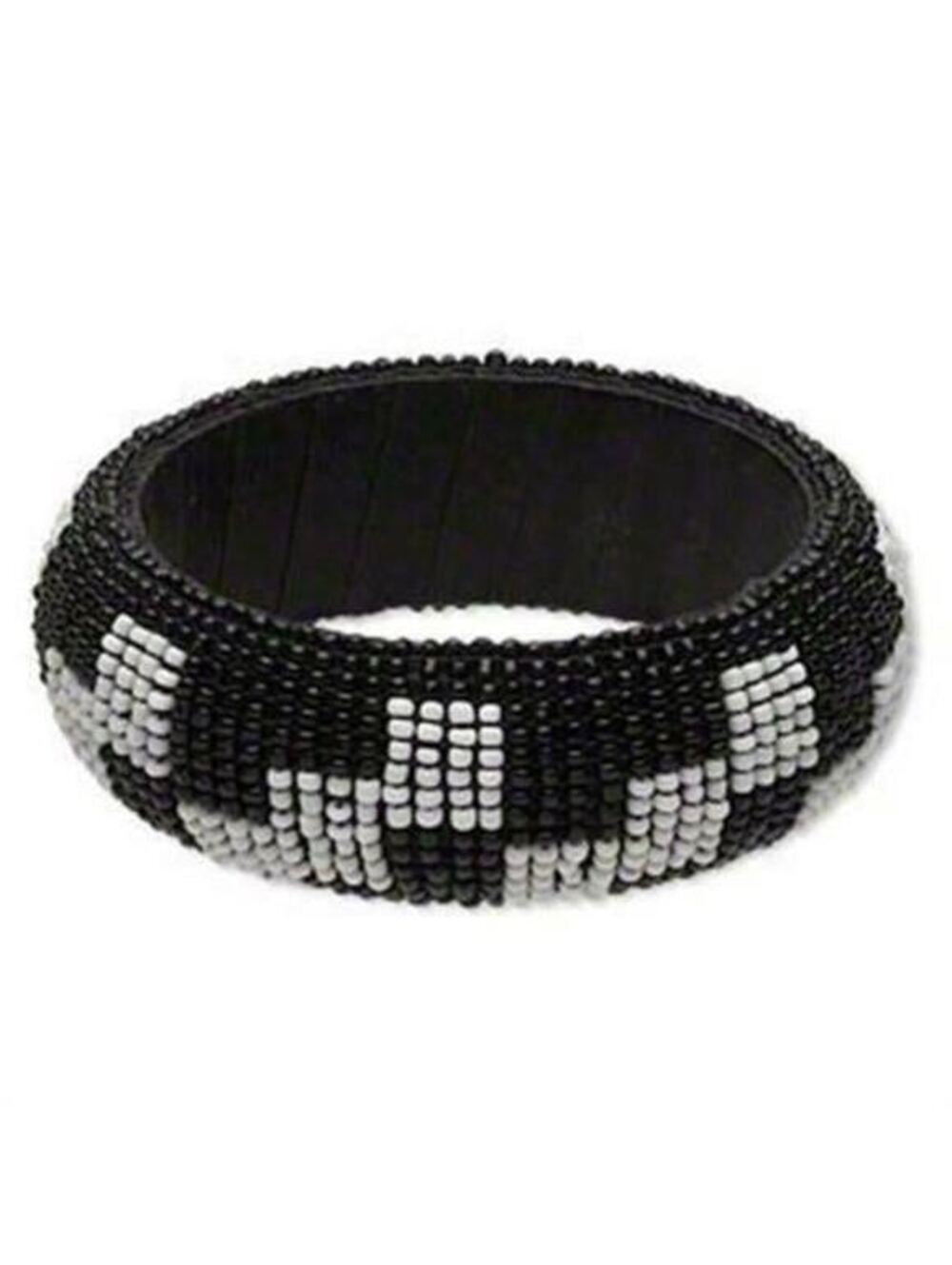 Hand Crafted India Beaded Bangle Bracelet Black White Checked Pattern Fair Trade